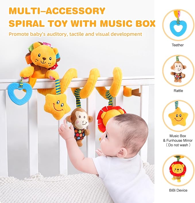Jollybaby Crib Stroller Car Seat Toys for Baby 0-3-6-9-12 Months, Tummy Time Hanging Sensory Toys for Newborn with Music Box and Teether, Spiral Carseat Toy for Baby Boys Girls Gifts (07-Little Lion)