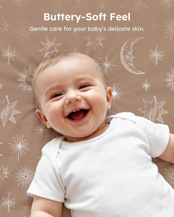 Pack and Play Sheets Fitted 3 Pack, Mini Crib Sheets for Pack N Play Mattress Stretchy Portable Playard Sheets, Soft Breathable White Brown Sun God