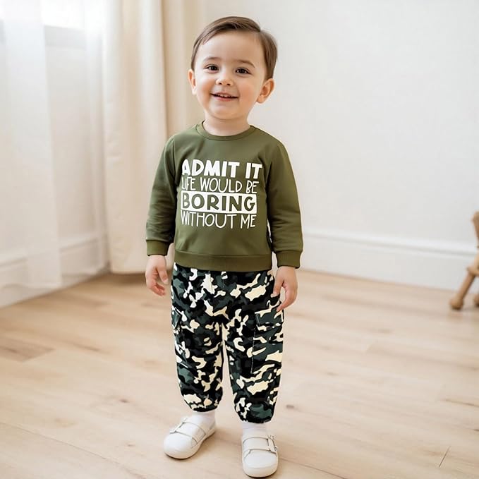 wdehow Toddler Kids Baby Boy Fall Outfits 1T 2T 3T 4T 5T Letter Print Long Sleeve Tops Camouflage Pants Winter Clothes Sets