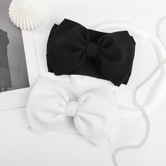 YanJie Baby Girl Bow Headbands - Black, White Nylon Hair Bows for Infants and Toddlers 0-6 Months
