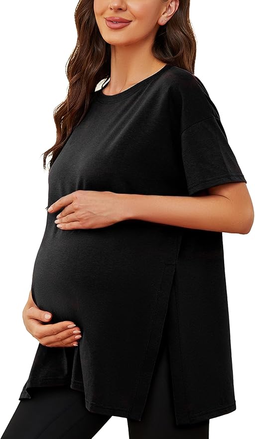 Ecavus Women's Casual Maternity Shirts Split Side Pregnancy Tops Blouses Short Sleeve Loose Fit Maternity Clothes