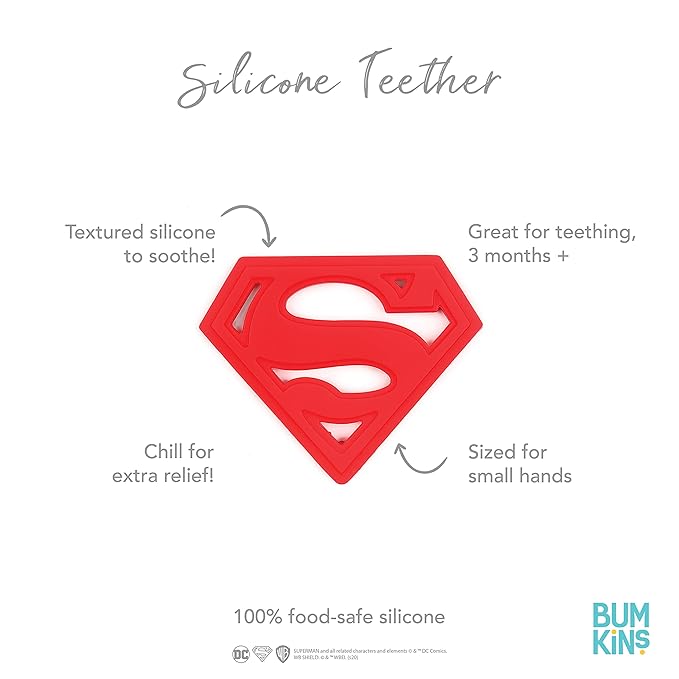 Bumkins Baby Teething Freezer Toy Keys Rings, Soft Flexible Silicone Pacifier, Safe to Chew, Cool Teether Gum Relief, Essentials for Babies 3 Months, Freezable, Sensory Textured, Superman DC Comics