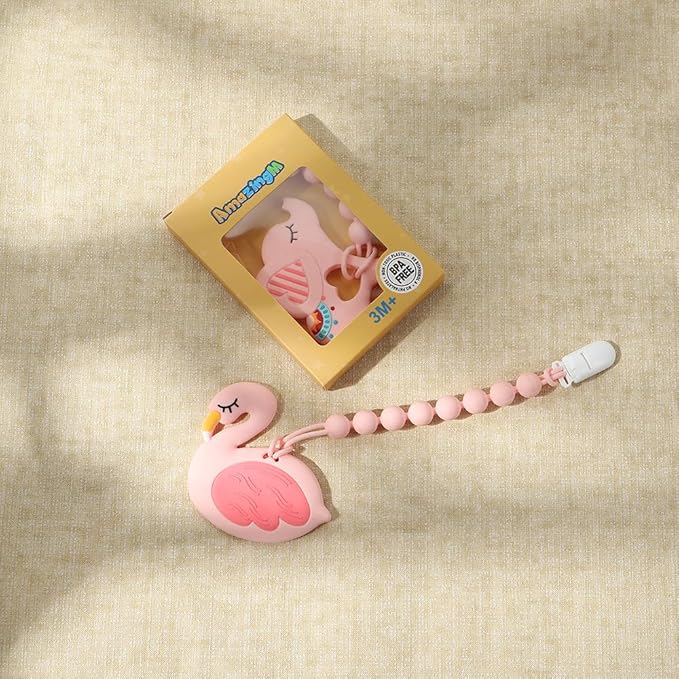 Baby Food Grade Silicone Teether Toy with One Piece Design Pacifier Clip Holder,Teething Toys Gift Set for 3 Months+ Boys and Girls,Freezer Safe,BPA Free. (Pink Elephant)