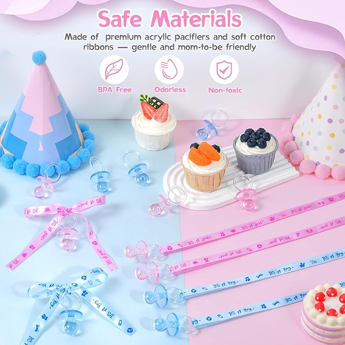 ZYFLSQ 60 Pieces Baby Shower Pacifiers Necklace, Acrylic Pacifier Necklaces for Baby Shower Games Girl Boy Charm, Party Favors, Decorations DIY, Table Scatter, Gender Reveal Necklaces(Pink&Blue)
