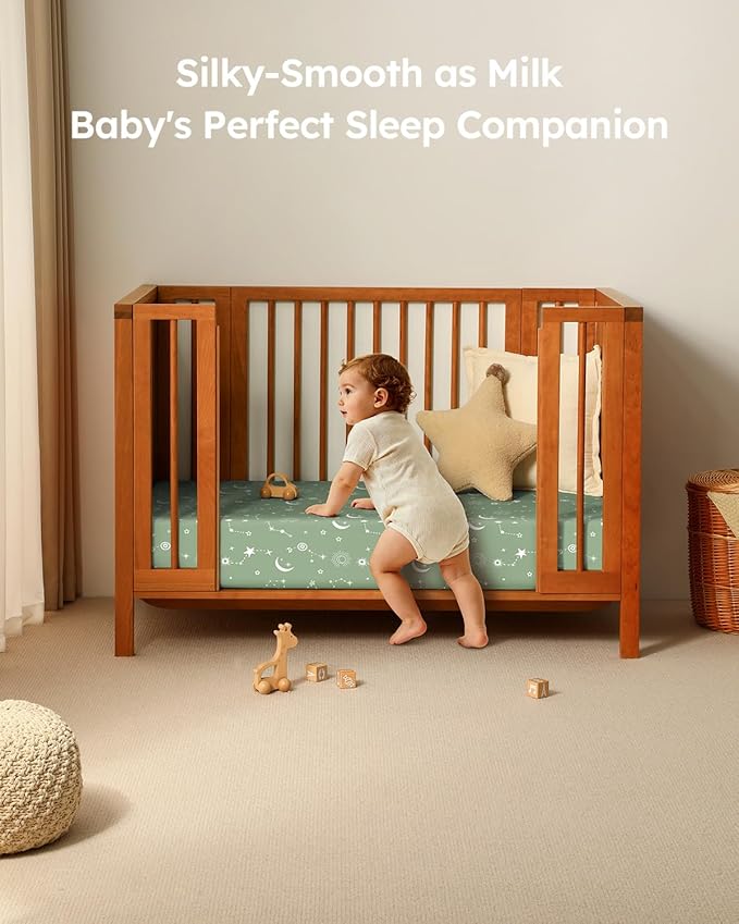 Baby Crib Sheets for Boys Girls, 28x52x8in Fitted Crib Sheet Neutral 3 Pack for Standard Crib and Toddler Mattress, Breathable Soft Microfiber Baby Sheet Green Gray Constellation