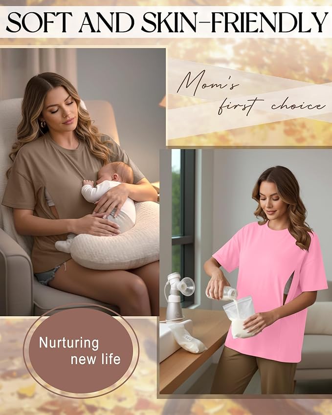 3 Pack Women's Oversize Nursing Breastfeeding Shirts Hidden Zipper Short Sleeve Loose Fit Maternity Tops