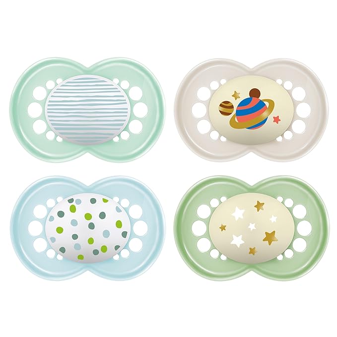 MAM Original Baby Pacifiers 6-16 Months, Binky for Newborn Babies, BPA-Free Skin Soft Silicone Nipple, Glows in The Dark, Developed with Medical Experts, 4 Count, Made in Europe