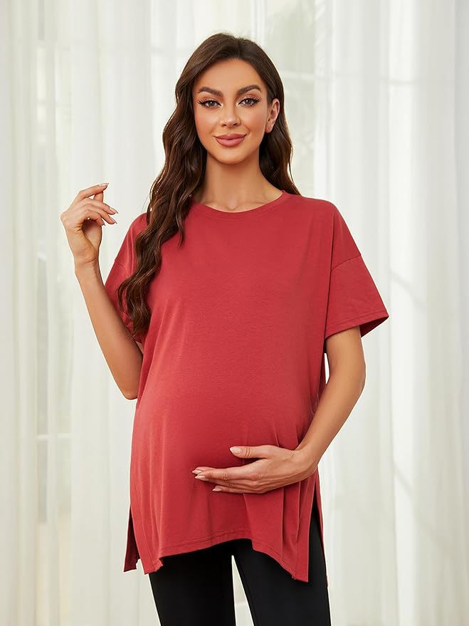 Ecavus Women's Casual Maternity Shirts Split Side Pregnancy Tops Blouses Short Sleeve Loose Fit Maternity Clothes