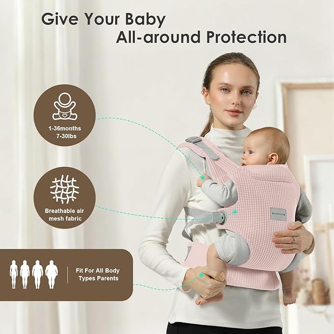 Baby Carrier Newborn to Toddler, Easy Adjustable Toddler Carrier for 7-30lbs, Baby Holder Wrap Carrier, Breathable Mesh Fabric Infant Kangaroo Hip Carriers with Lumbar Support, Pink