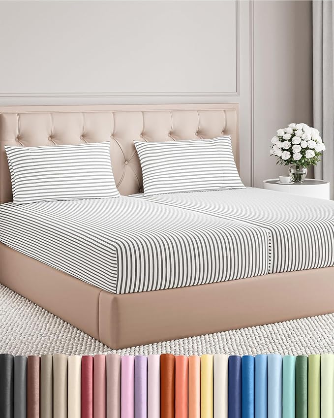 Split King Size 5 Piece Sheet Set - Comfy Breathable & Cooling Bed Sheets Set - Hotel Luxury Bedding for Women, Men, Kids, Teens, Boys & Girls - Deep Pockets & Wrinkle Free - Oeko-Tex - Grey Stripes 2