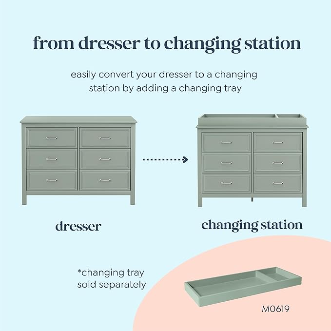 Davinci Charlie 6-Drawer Baby Dresser - GREENGUARD Certified, Wooden Double Chest of Drawers for Kids - Easy to Assemble, Multi-Purpose Storage Dresser for Bedroom, Nursery, Living Room - Light Sage