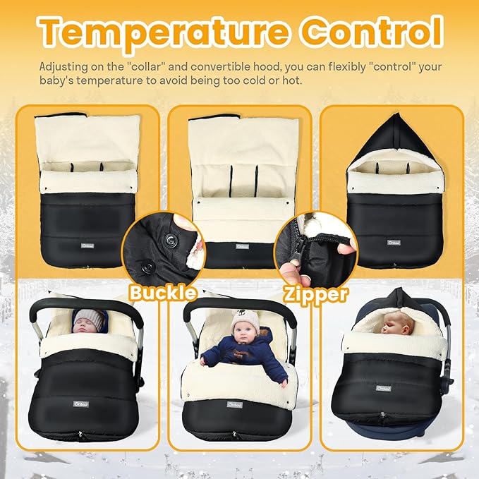 Ivywind Winter Car Seat Cover Baby, Universal Car Seat Footmuff with Convertible Hood for Cold Weather, Removable Carseat Waterproof Covers for Infant Boy&Girl, Machine Washable, Black