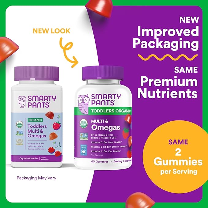 SmartyPants Organic Toddler Multivitamin Gummies: Omega 3 (ALA), Vitamin D3, C, Vitamin B12, B6, A, K & Zinc for Immune Support, Biotin, Vegetarian, Two Fruit Flavors, 60 Count (30 Day Supply)