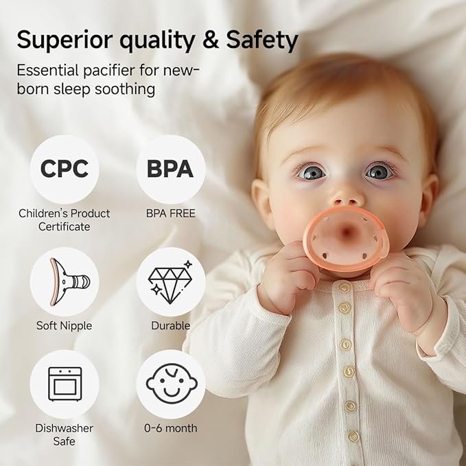 Baby Pacifiers 0-6 Months, BPA-Free Silicone Nipple, Lightweight One-Piece Design, Set of 4, with a Pacifier Chain & Pacifier Case