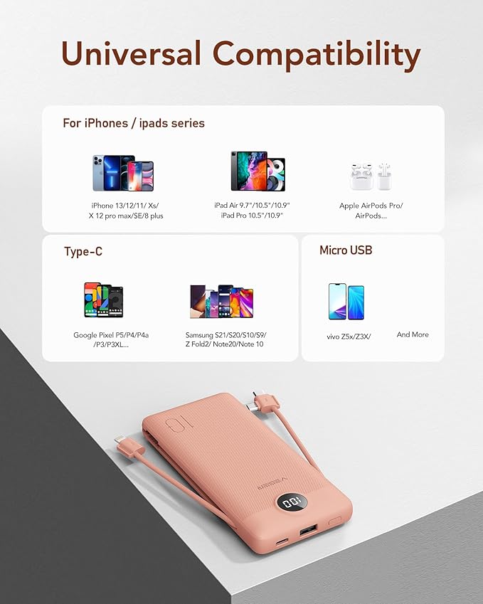 VEGER Portable Charger with Built-in AC Plug and Cables, All in One 10000mAh Ultra Slim Power Bank Travel Essentials, 15W Fast Charging Battery Pack Compatible with iPhone, Samsung, More(Dark Pink)