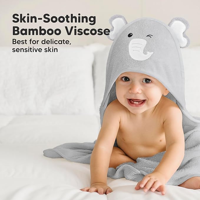 KeaBabies Hooded Baby Towel for Newborn - Viscose Derived from Bamboo Large Baby Bath Towels with Hood for Boys, Girls, Toddler, Extra Absorbent & Soft Newborn Bath Essentials (Elephant, Petite)