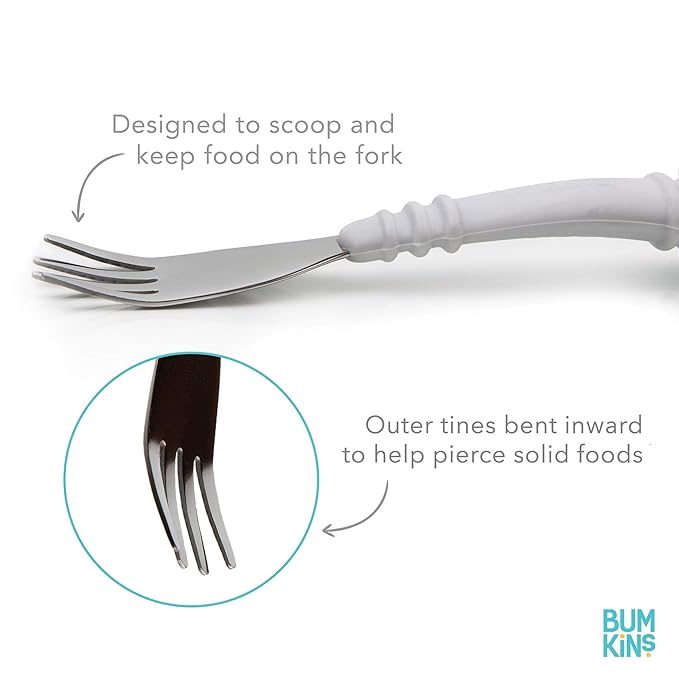 Bumkins Toddler Utensils, Kids Size Fork and Spoon Set, Silicone and Stainless-Steel Training Silverware, Angled Forks / Sporks for Self-Feeding, Children Hold Learning to Eat, 18 Months Up, Red
