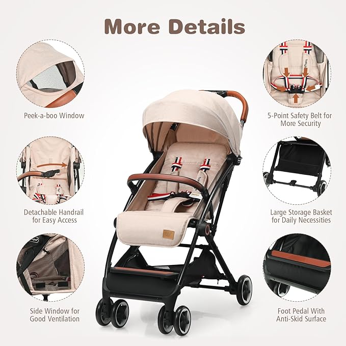BABY JOY Lightweight Baby Stroller, Compact Toddler Travel Stroller for Airplane, Infant Stroller w/ 5-Point Harness, Adjustable Backrest/Footrest/Canopy, Storage Basket, Easy One-Hand Fold, Beige