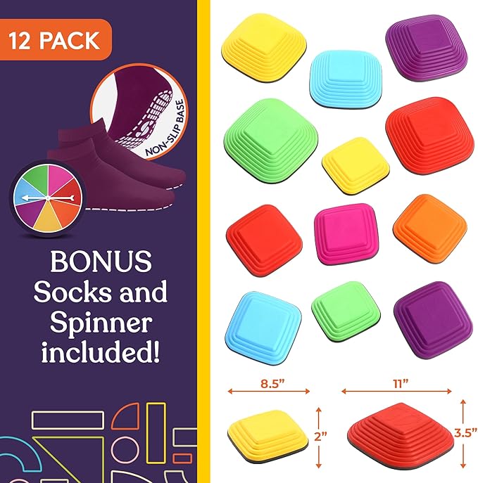 Special Supplies Stepping Stones for Kids Indoor and Outdoor Balance Blocks Promote Coordination, Balance, Strength Child Safe Rubber, Non-Slip Edging (Multi-Color, 12)