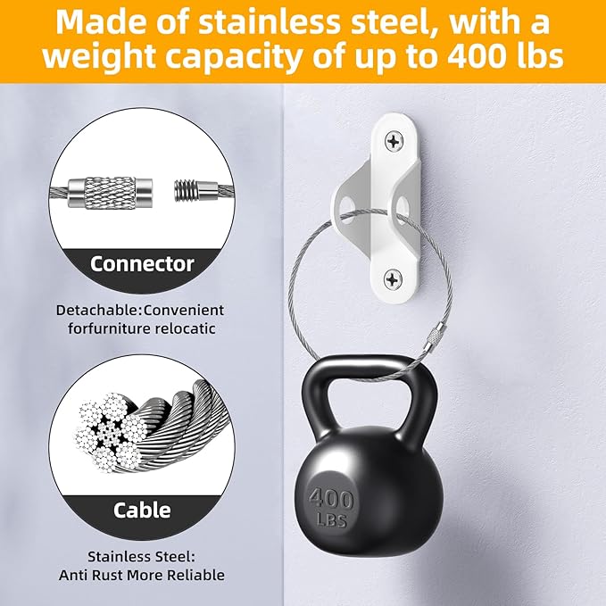 Furniture anchors10-Pack Baby Proof Heavy Duty Furniture Anchors for Dressers, Bookcases and TV Cabinets 400LB Anti Tip Kit with Stainless Steel Hardware Shock Straps (White)