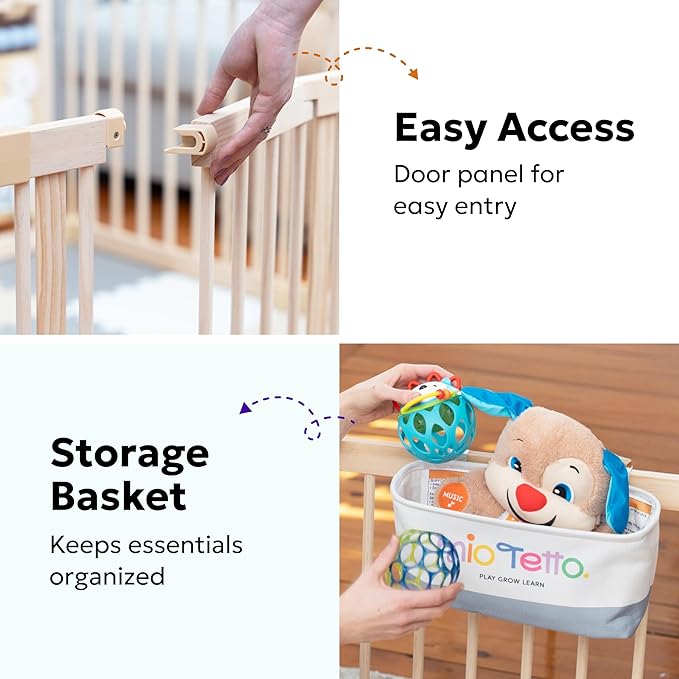 Miotetto Baby Playpen, Wooden Playpen for Babies and Toddlers, Foldable Fence with Montessori Activity Panel, Storage Basket & Gate, Portable, Easy to Assemble Baby Play Pen Natural Wood Playyard