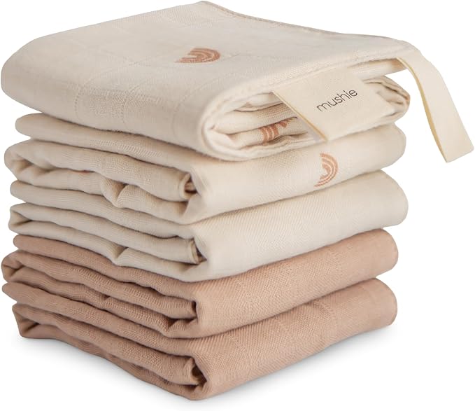 mushie Muslin Organic Cotton Washcloths 5-Pack (Rainbow Combo) | Soft Wipes for Baby Cleanups and Bathing