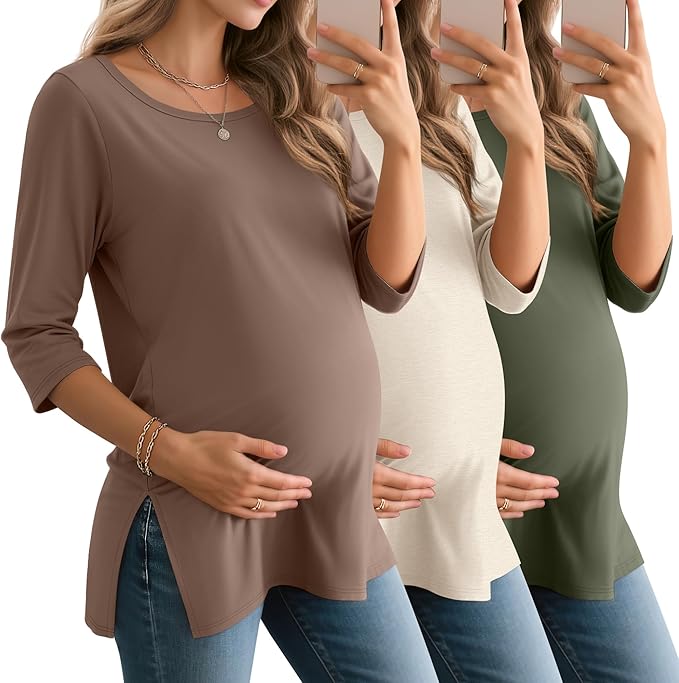 3 Pack Women's 3/4 Sleeve Maternity Shirts Elbow Length Clothes Round Neck Tunics Pregnancy Loose Side Split Tops