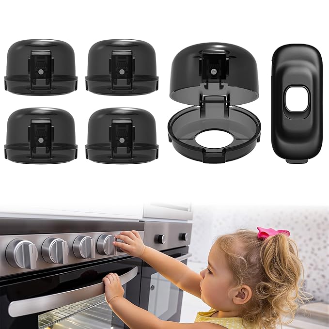 Oven Knob Covers - Heat Resistant Gas Stove Knob Locks with 3M Strong Adhesive, Oven Child Safety Lock for Kids & Pets, Oil & Water Proof, Easy to Use, Black (5+1 Pack)
