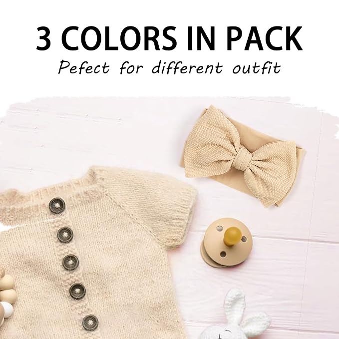 Baby Bow Headbands 3 Pcs Baby Girl Headbands with Bows Soft Nylon Kahki/White/Black Headband Bows for Baby Girls, Newborns, Infants
