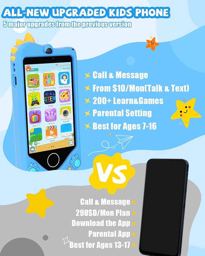Kids Smart Phone for Girls - Safest Phone for Kid & Teens, Talk & Text - Kids Cell Phone Toy, 4.2'' Touchscreen, Dual Cameras, Games, 32GB Card (Blue)