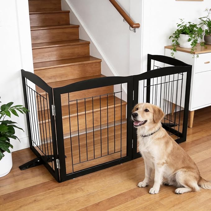 ZJSF Freestanding Dog Fence Indoor, Foldable Dog Gate for Doorways, Stairs or Hallways, Sturdy Wood Extra Wide Pet Gate with Support Feet for The House, Black, 32 "Height-4 Panels