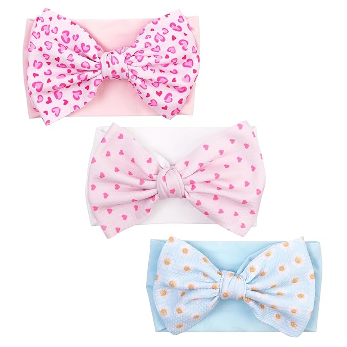 Baby Bow Headbands 3 Pcs Baby Girl Headbands with Bows Soft Nylon Heart Daisy Headband Bows for Baby Girls, Newborns, Infants