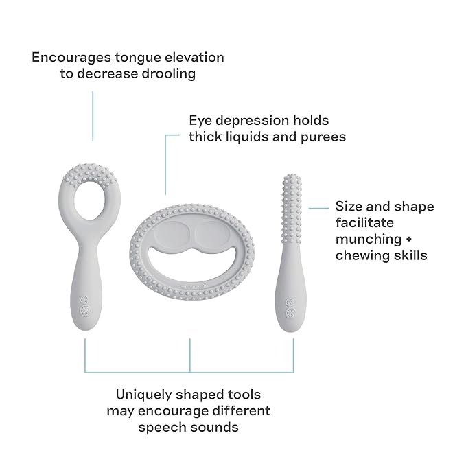 ezpz Oral Development Tools (3 Pack in Pewter) - 3 Months+ - Non-Slip Loop, Smile and Stick 100% Silicone Tools - Prepare for Chewing + Solids - Baby-Led Weaning Supplies