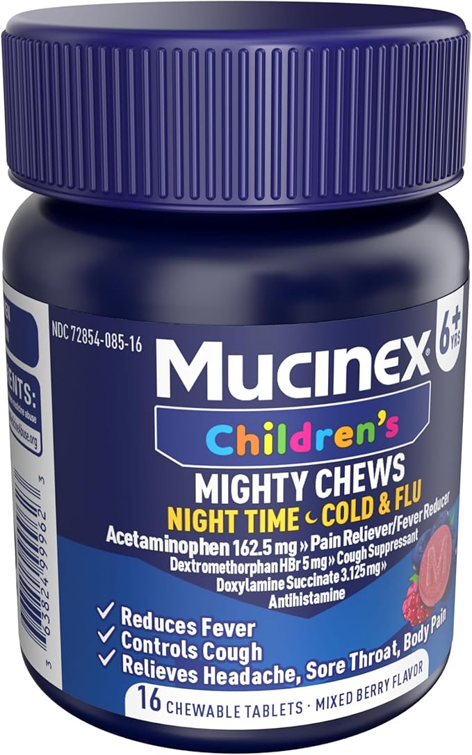 Mucinex Children's Mighty Chews Nighttime Cold and Flu Medicine, Children's Acetaminophen, Dextromethorphan, & Doxylamine Succinate, Kids Cough Medicine, Ages 6+, 16 Medicated Chewable Tablets