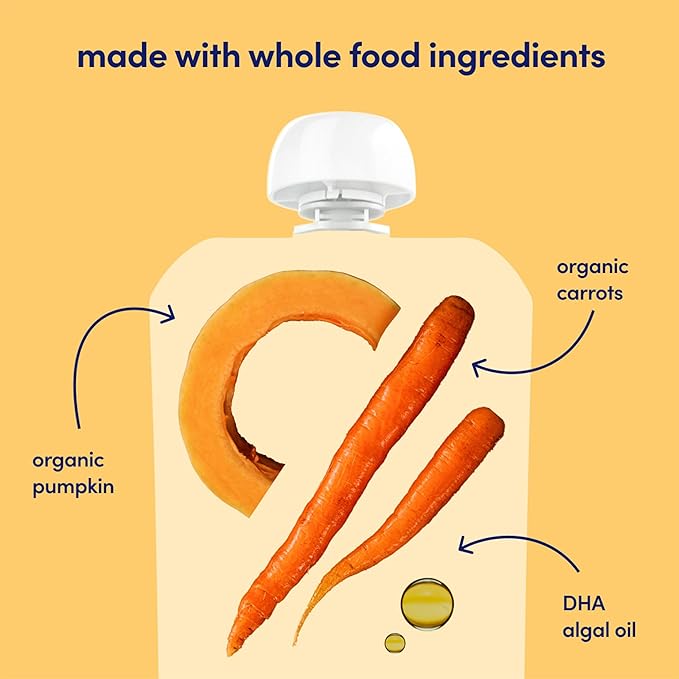 Cerebelly Organic Baby Food Pouches, Carrot Pumpkin Purees, 16 Nutrients, No Added Sugar, Fiber & Non-GMO, 4oz, 12 Pack