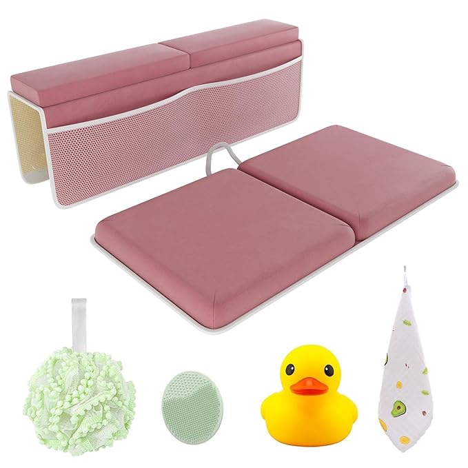 Sleepah Bath Kneeler and Elbow Kneeling Rest Pad Set for Baby Bathing – Waterproof Soft Memory Foam Mat Organizer Babies & Toddler Bathing Time Toys Sponge (Pink)