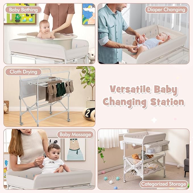 HONEY JOY Changing Table, Foldable Baby Mobile Nursery Organizer w/Wheels, Adjustable Heights, Storage Bag & Shelves, Waterproof Diaper Changing Station Dresser, Portable for Newborn Infant (Beige)
