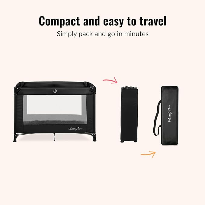 Dream On Me Nest Portable Playard in Black with Carrybag an Shoulder Strap, Lightweight, Packable and Easy Setup Baby Playard, Breathable Mesh Sides and Soft Fabric - Comes with a Removable Padded Mat