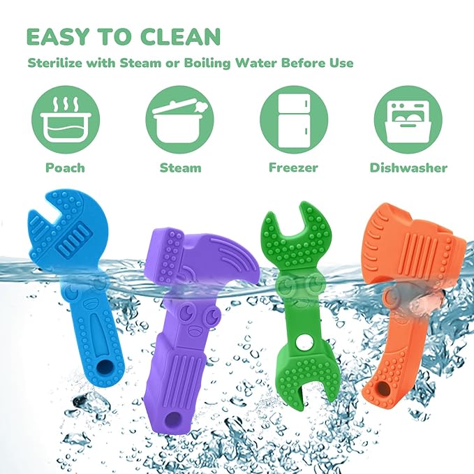 TYRY.HU Baby Teething Toys for Babies, Baby Teether Toys, BPA Free Silicone Baby Molar Teether Chew Toys, Hammer Wrench Spanner Pliers for Boys Girls, Soft-Textured, Easy to Hold & Clean, 4 Packs
