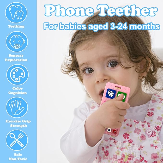Baby Silicone Teething Toys, Phone Teether Toys for Toddlers 3-18 Months, Boys Girls Babies Teething Toy, Baby Chew Toy, Freezer BPA Free, Pink