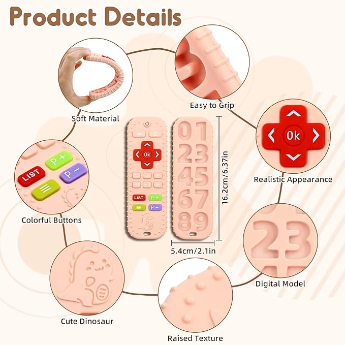 Teething Relief Teethers Toys for Babies 3-6 12 Months Gifts, Food Grade Silicone Sensory Remote Control Baby Teether Bath Toys for 3 9 18 Months Newborn Infant Boy Girl Autism, Pink