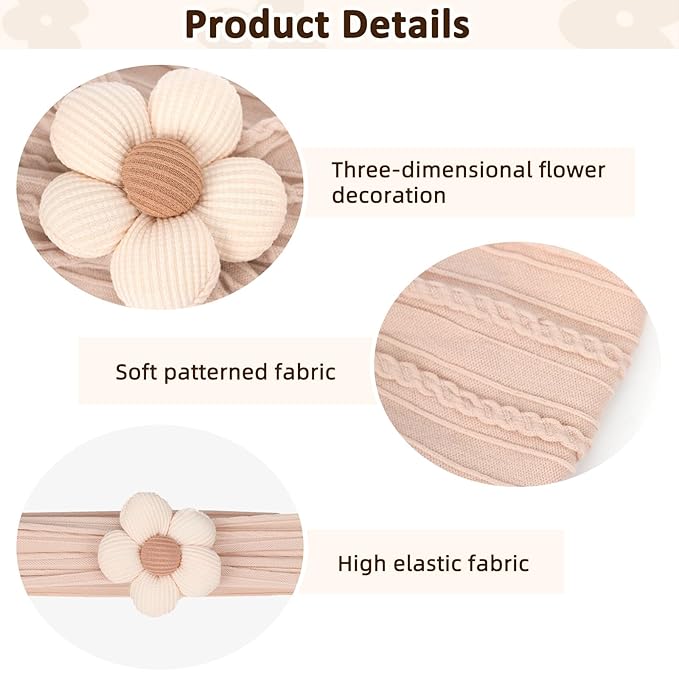 3 Pcs Baby Flower Headbands Baby Girls Nylon Headband Soft Hairbands Hair Accessories for Newborn Infant Toddler Kids (Yellow,Pink,Brown)