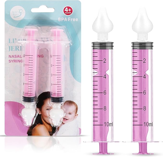 Bluet B - Baby Nasal Syringe (2-Pack) - Safe Silicone Nasal Aspirator for Newborn - Infant Mucus Removal - 10ml Nose Cleaner Syringe for Baby - Toddler Congestion Relief - Reusable Tips - Pink