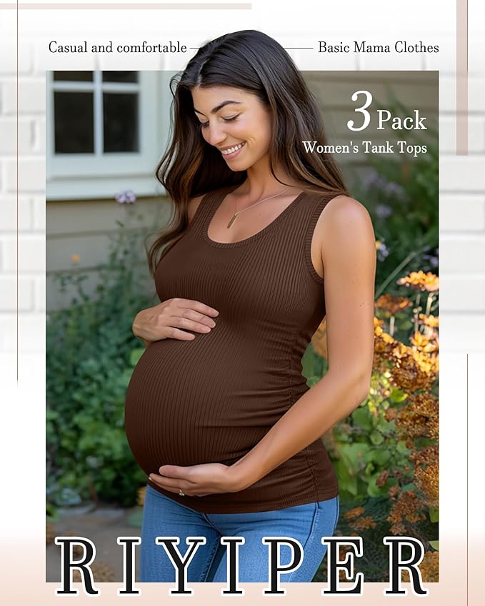 Riyiper 3 Pack Women's Maternity Tank Tops, Sleeveless Cotton Pregnancy Shirts Ribbed Knit Sides Ruched Basic Mama Clothes