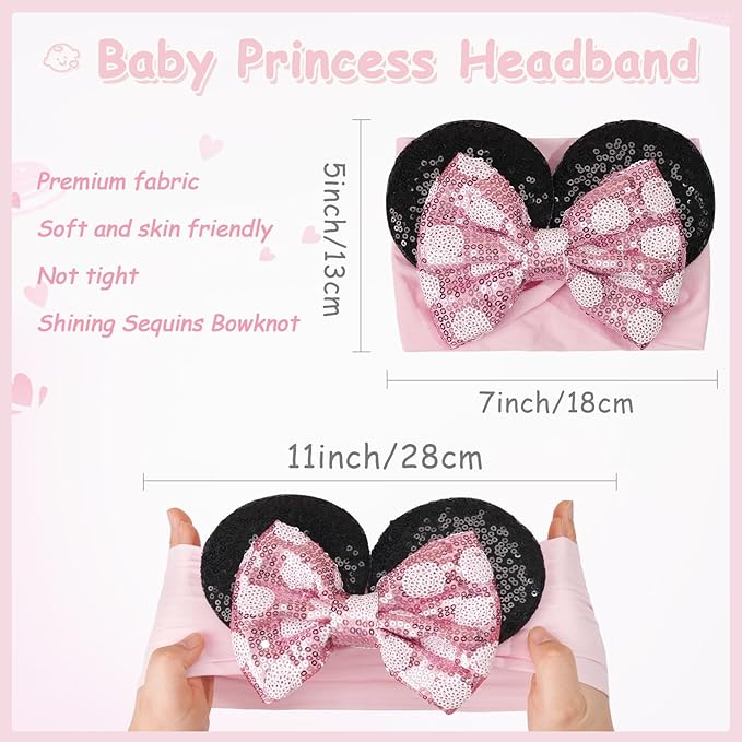2Pcs Baby Girl Large Mouse Ears Dot Headbands with Sequin Bow, Wide Nylon Turban Hairband, Theme Park Headwear, Hair Bow Headband for Toddler, Kids, Party Supplies