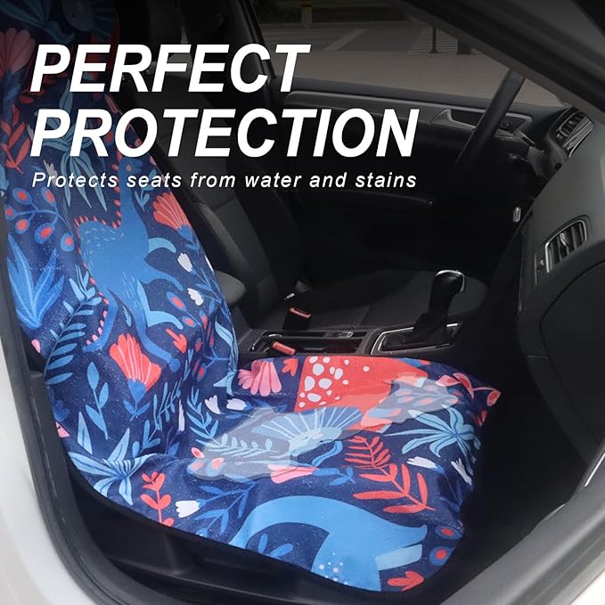 Sweat Towel Car Seat Cover Protector Front Seats for Gym Workout, Running, Swimming, Beach and Hiking, Waterproof Universal Seat Cover for Car, Truck, Van & SUV (Dinosaur, 2pcs Front Seat)