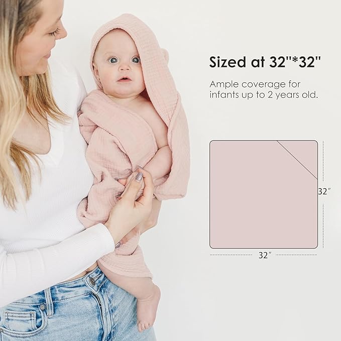 Muslin Baby Towels with Hood for Newborn 100% Cotton Baby Bath Towels Soft & Absorbent Hooded Baby Towel for Boys and Girls, Large Size - 32 * 32 Inches