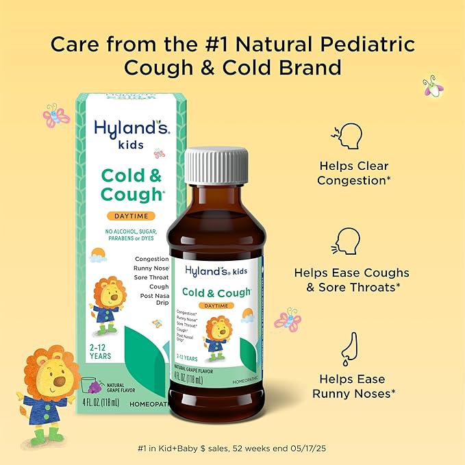 Hyland's Kids Cold and Cough, Daytime Grape Flavor Cough Syrup Medicine for Kids Ages 2 and up, Decongestant, Sore Throat Relief, Natural Treatment for Common Cold Symptoms, 4 Fl Oz