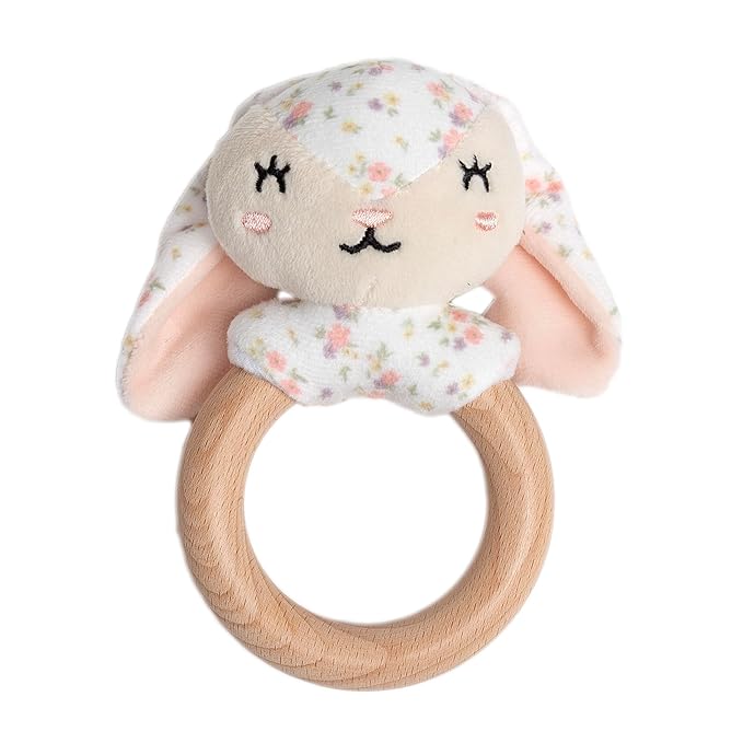 Pearhead Floral Bunny Wooden Baby Teething Ring, Natural Wood & Plush Infant Teether Rattle, BPA-Free Newborn Gum Soother, Easy-Grip Sensory Toy, 0 Months+