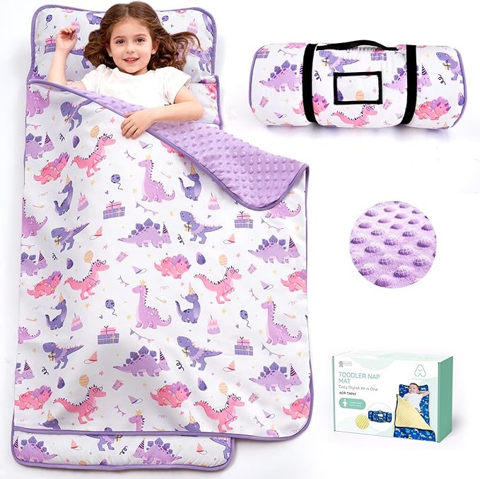 ACRABROS Toddler Nap Mat with Pillow and Blanket, Large Rolled Napping Mats,Slumber Bags for Boys Girls,Kids Sleeping Bag for Daycare, Preschool Travel
